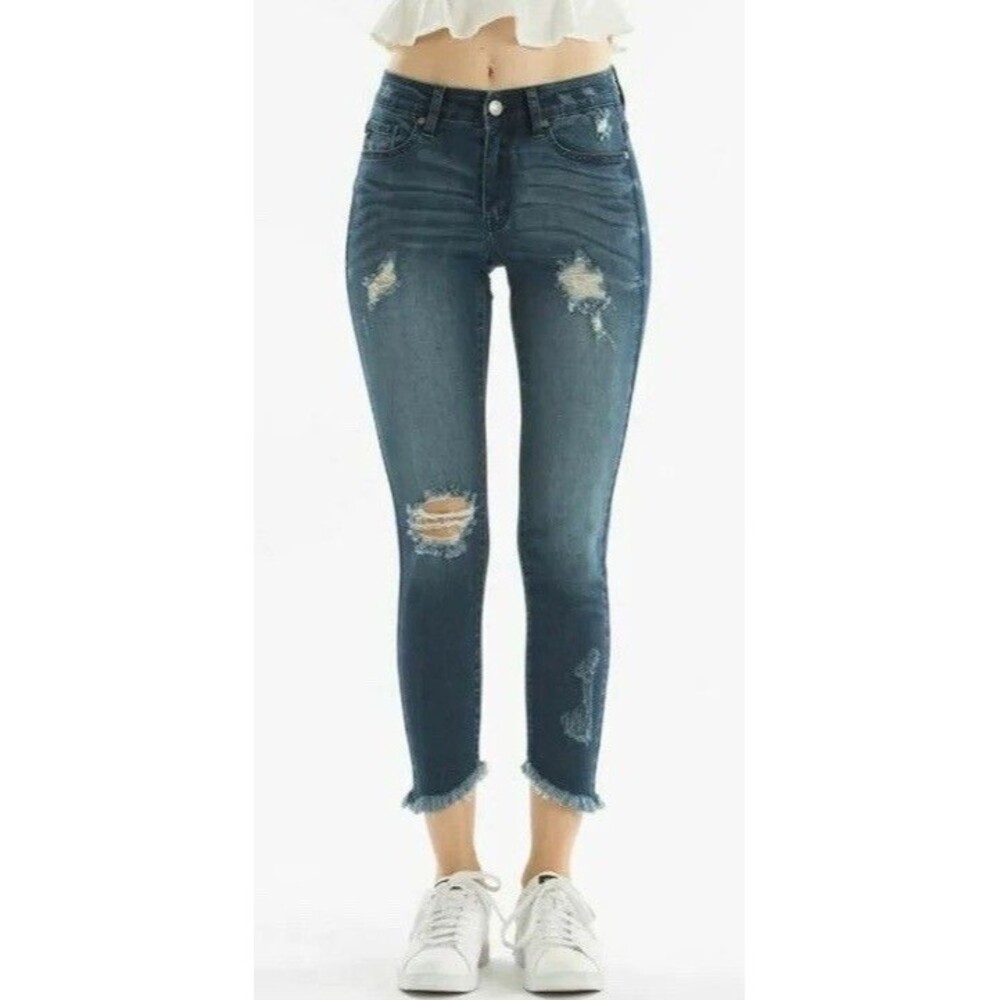 Kancan Jeans Size 13/30 Blue Mid Rise Ankle Skinny Fray Hem Distressed